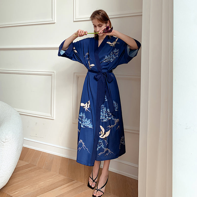 Blue Women's Light Luxury Silky Satin Kimono Robe