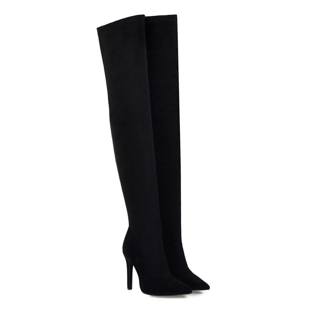 Black Stretch Suede Thigh High Boots