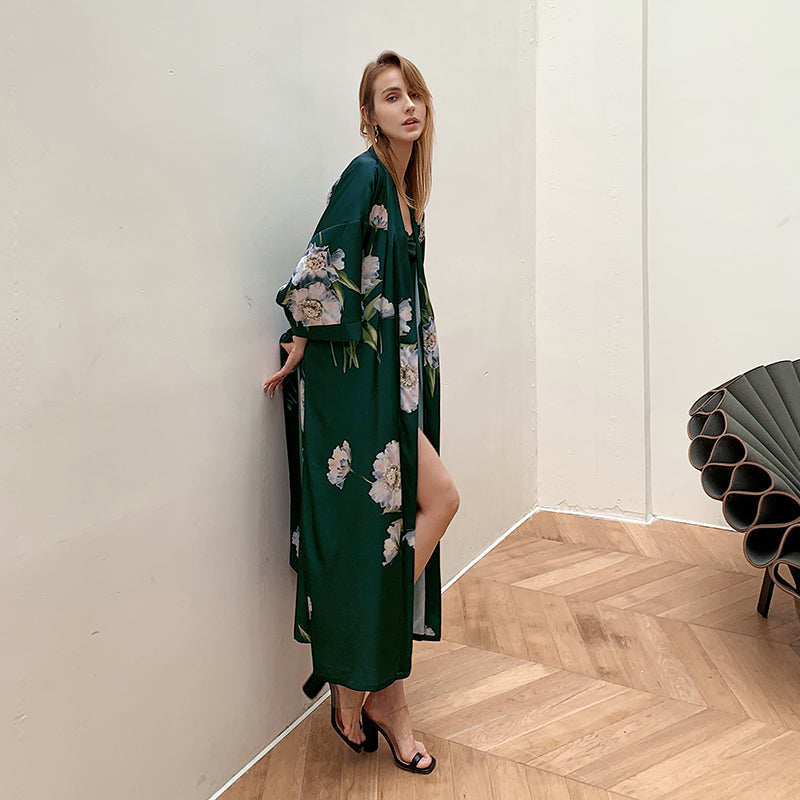 Green Women's Light Luxury Silky Satin Kimono Robe