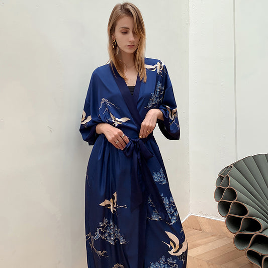 Blue Women's Light Luxury Silky Satin Kimono Robe