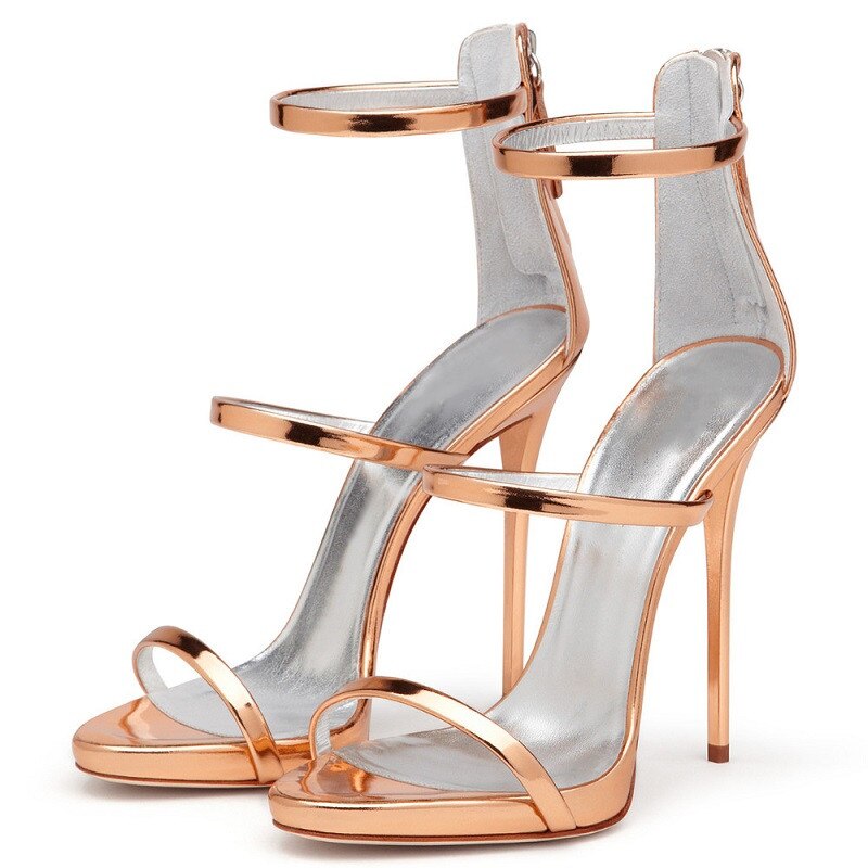 Rose Gold Metallic Triple Strap Stiletto Heel Sandals