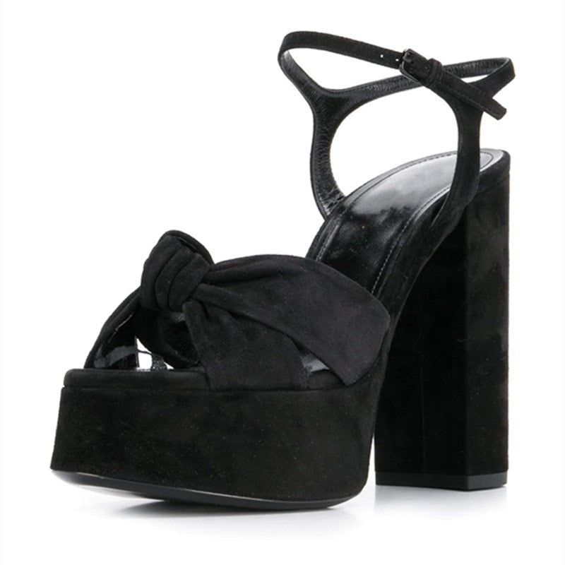 Black Velour High Heel Platform Sandals With a Bow knot