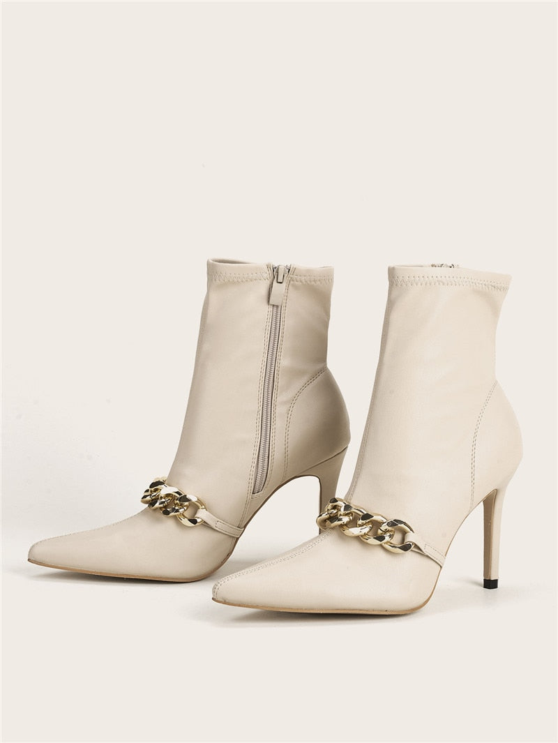 Gold Chain Detail Pointed-Toe Ankle White Boots