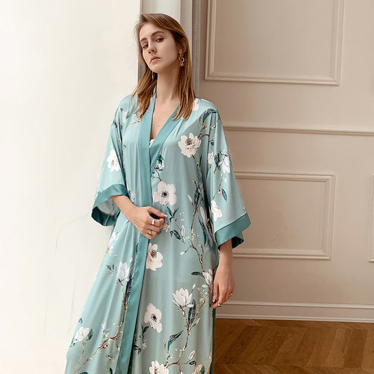 Frosty Green Mint Women's Light Luxury Silky Satin Kimono Robe