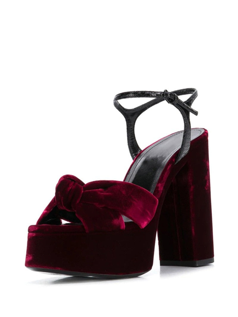 Burgundy High Heel Platform Sandals With a Bow knot With Leather Ankle Strap