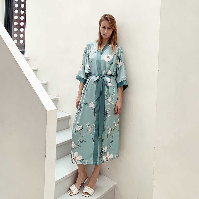 Frosty Green Mint Women's Light Luxury Silky Satin Kimono Robe