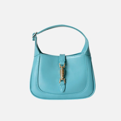 Blue Classic Curved Leather Handbag with Signature Buckle Closure