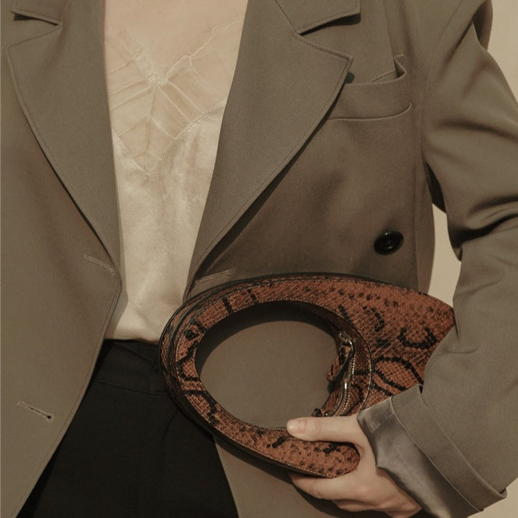 Brown Python Skin Shoulder Bag With Sleek Silver Accents