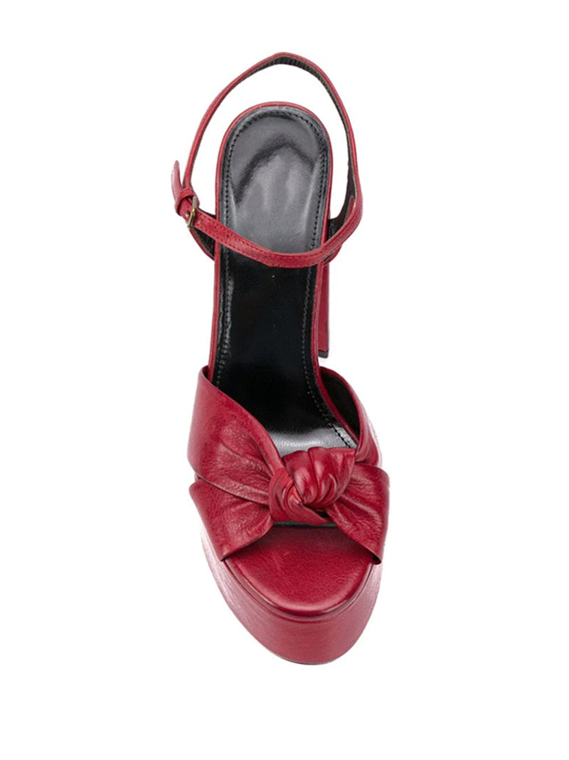 Red Leather High Heel Platform Sandals With a Bow knot