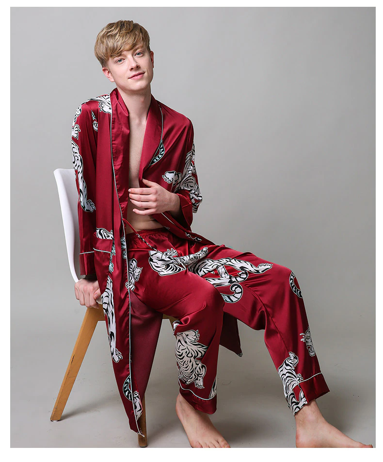 Silky Satin Mens Animal Print Robe and Pant Set