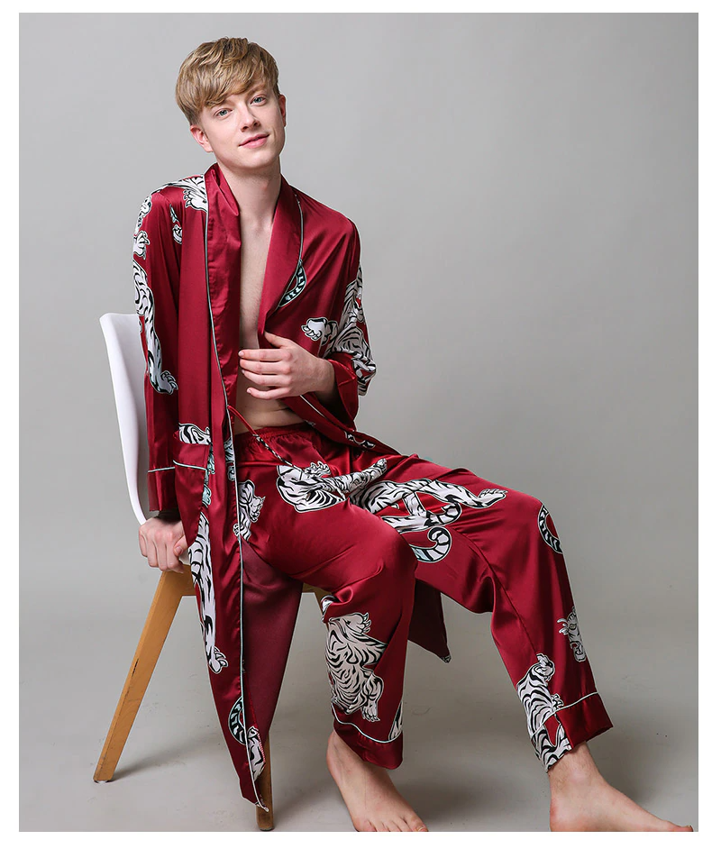 Silky Satin Mens Animal Print Robe and Pant Set ADONIS BOUTIQUE
