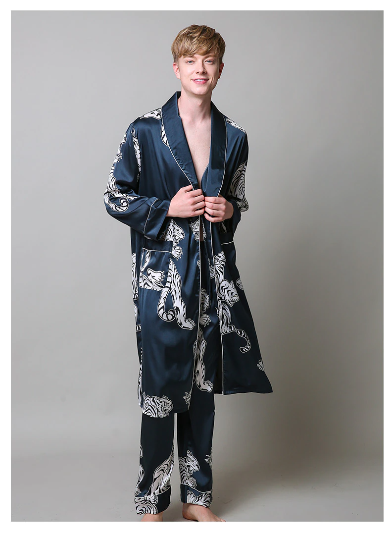 Silky Satin Mens Animal Print Robe and Pant Set