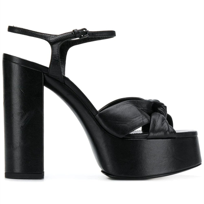 Black Leather High Heel Platform Sandals With a Bow knot