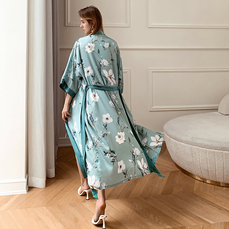 Frosty Green Mint Women's Light Luxury Silky Satin Kimono Robe