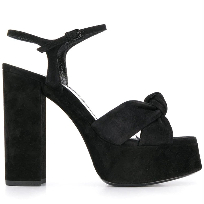 Black Velour High Heel Platform Sandals With a Bow knot