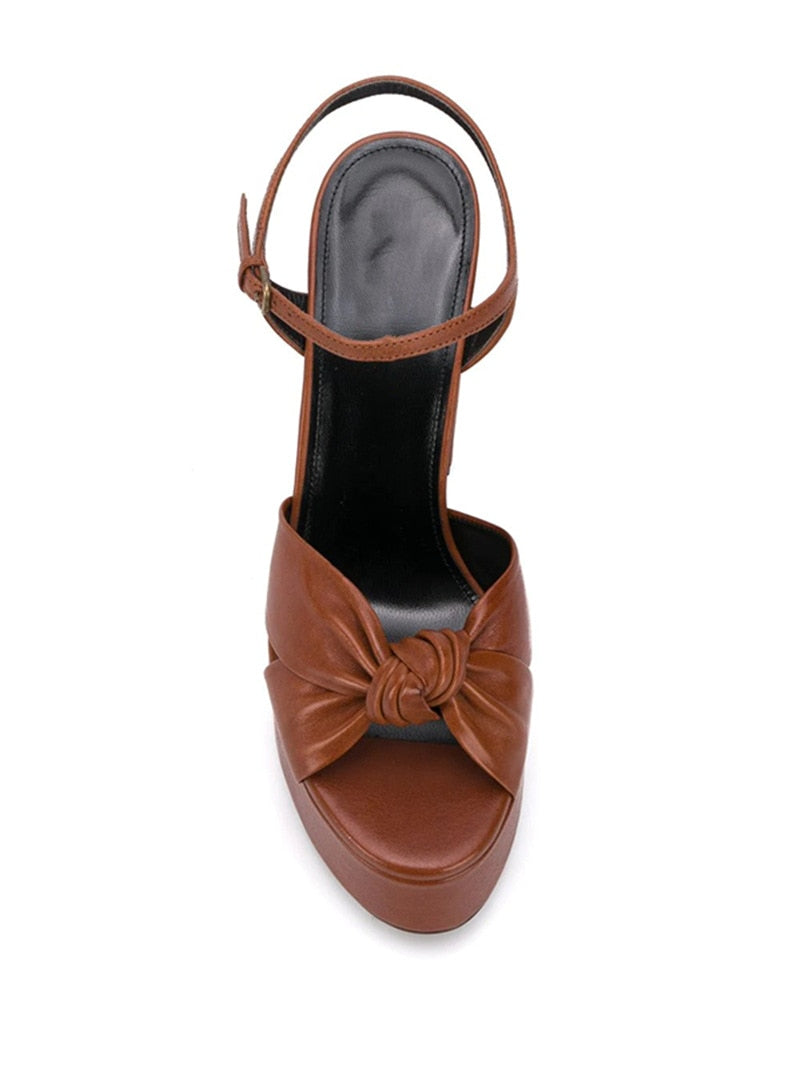 Brown Leather High Heel Platform Sandals With a Bow knot