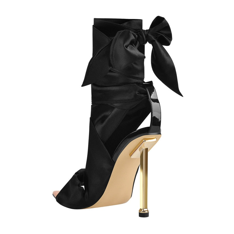 Black Pointed Toe Tie Up Strap Sandals