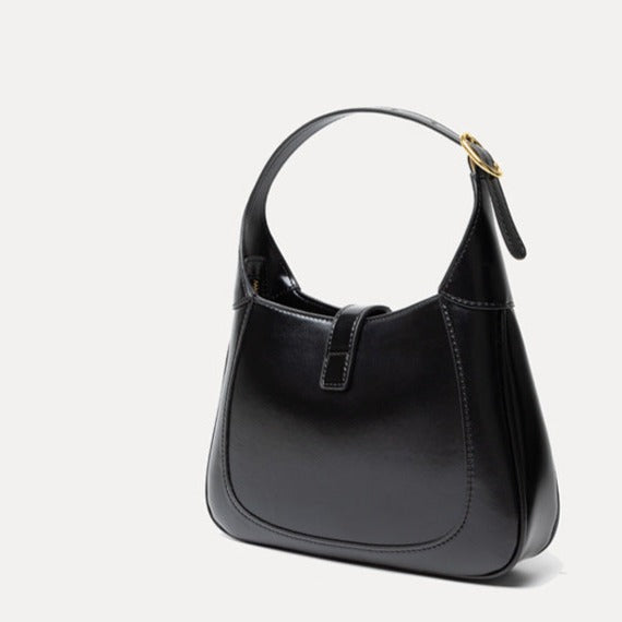 Black Classic Curved Leather Handbag with Signature Buckle Closure