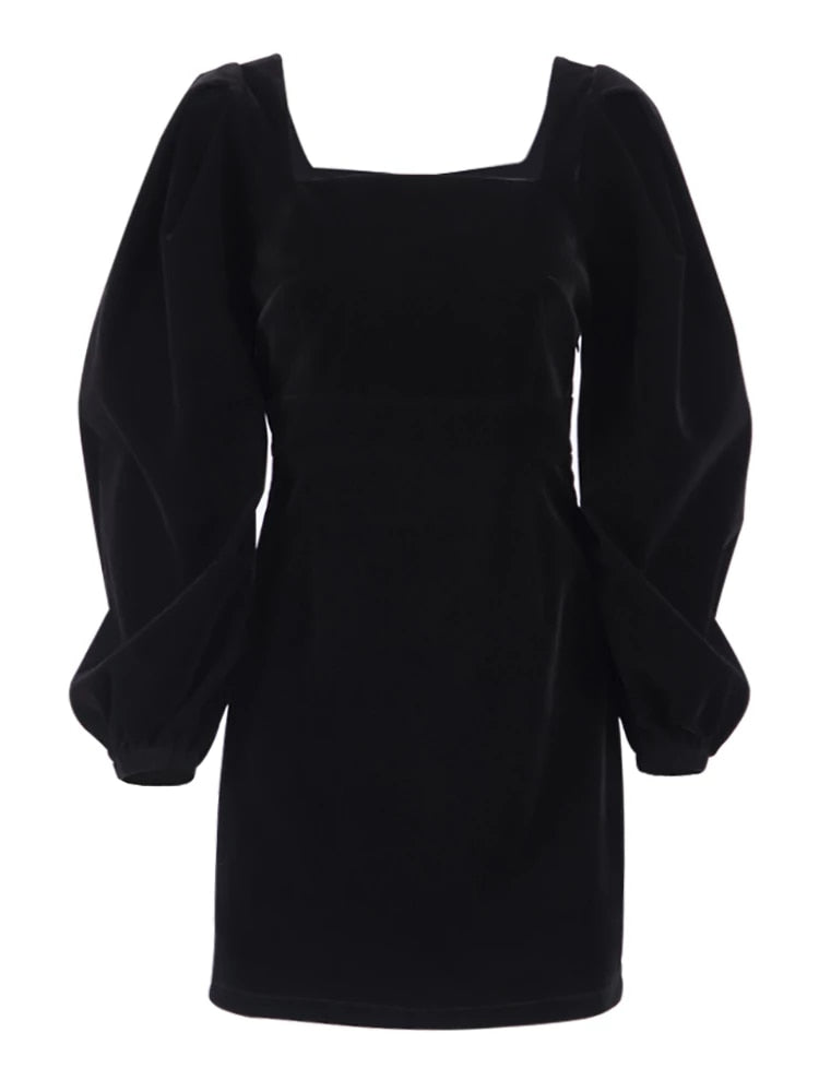 Black Square Collar Puff Sleeve Evening Dress