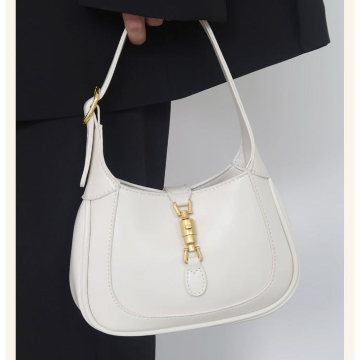 White Classic Curved Leather Handbag with Signature Buckle Closure