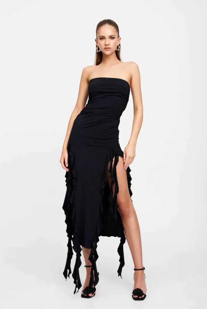 Black Rushed Strapless Midi Dress