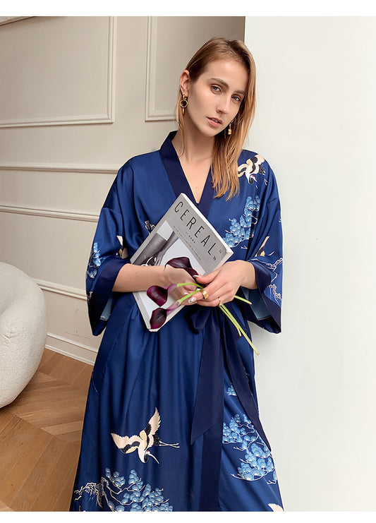 Blue Women's Light Luxury Silky Satin Kimono Robe
