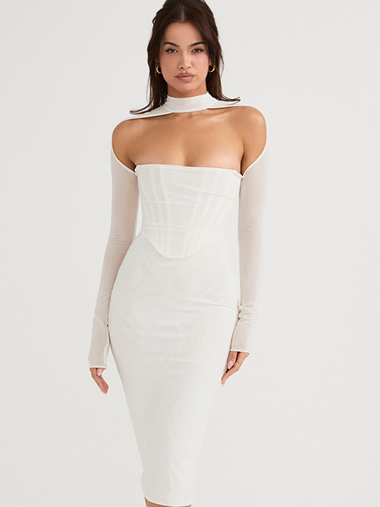 White Long Sleeve Mesh Corset Cocktail Midi Dress – ADONIS BOUTIQUE