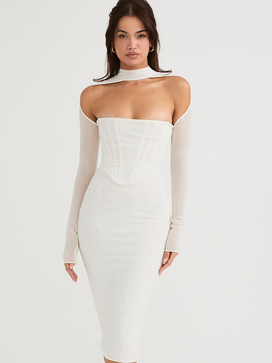 White Long Sleeve Mesh Corset Cocktail Midi Dress