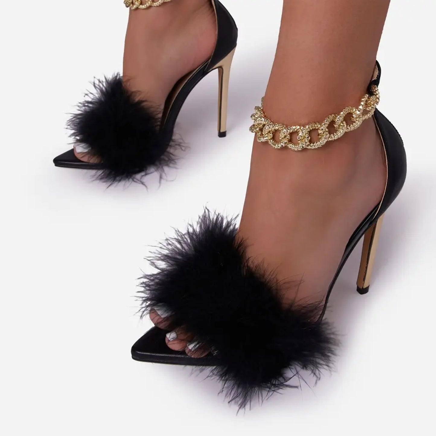 Black Feather Pointed-Toe Sandals With A Gold Ankle Strap