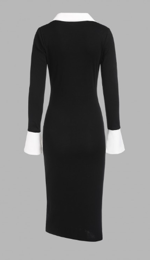 Black Ruched Button Up Slit Cuff Midi Dress