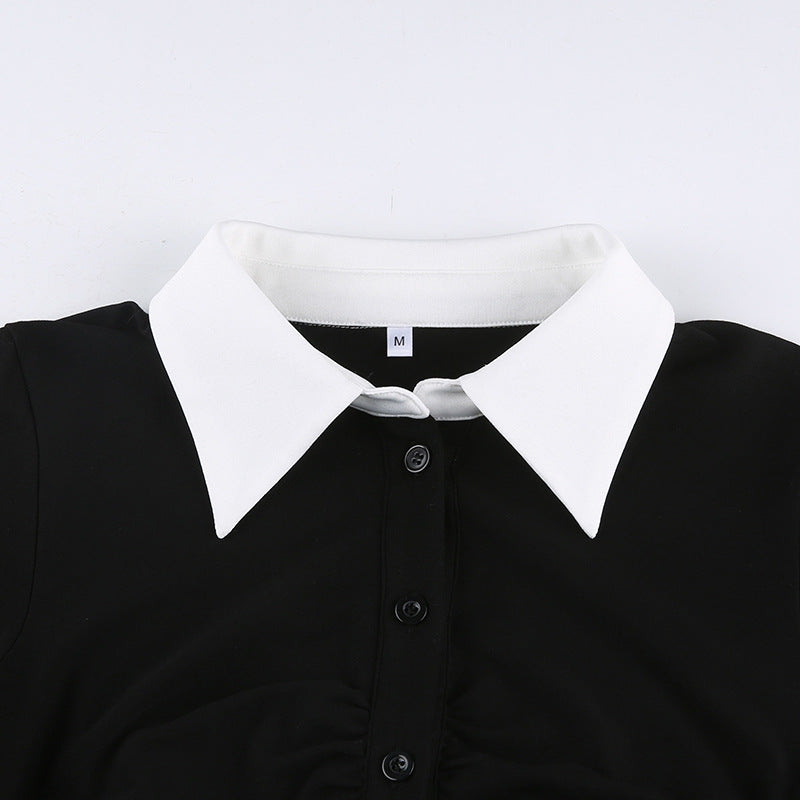 Black Ruched Button Up Slit Cuff Midi Dress