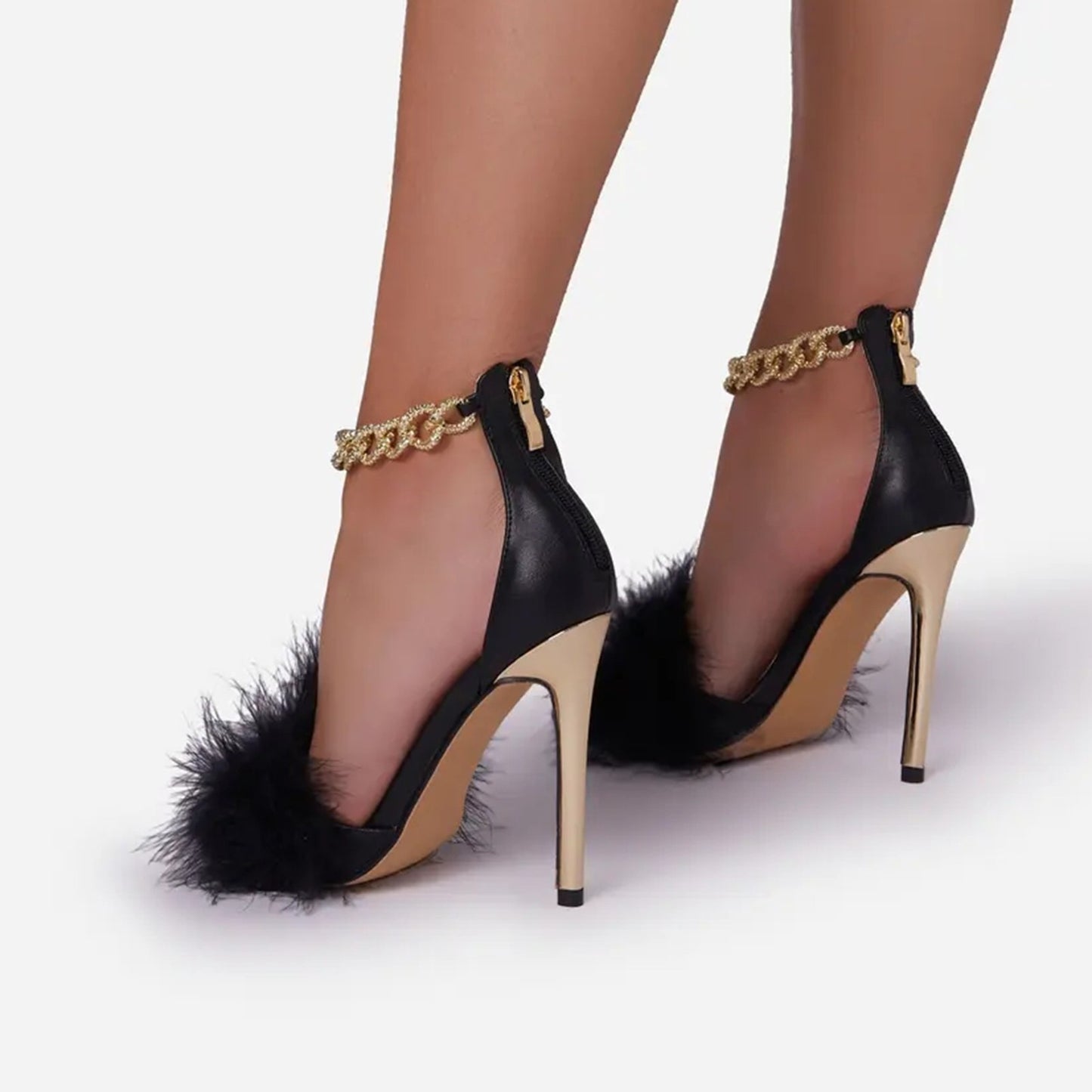 Black Feather Pointed-Toe Sandals With A Gold Ankle Strap