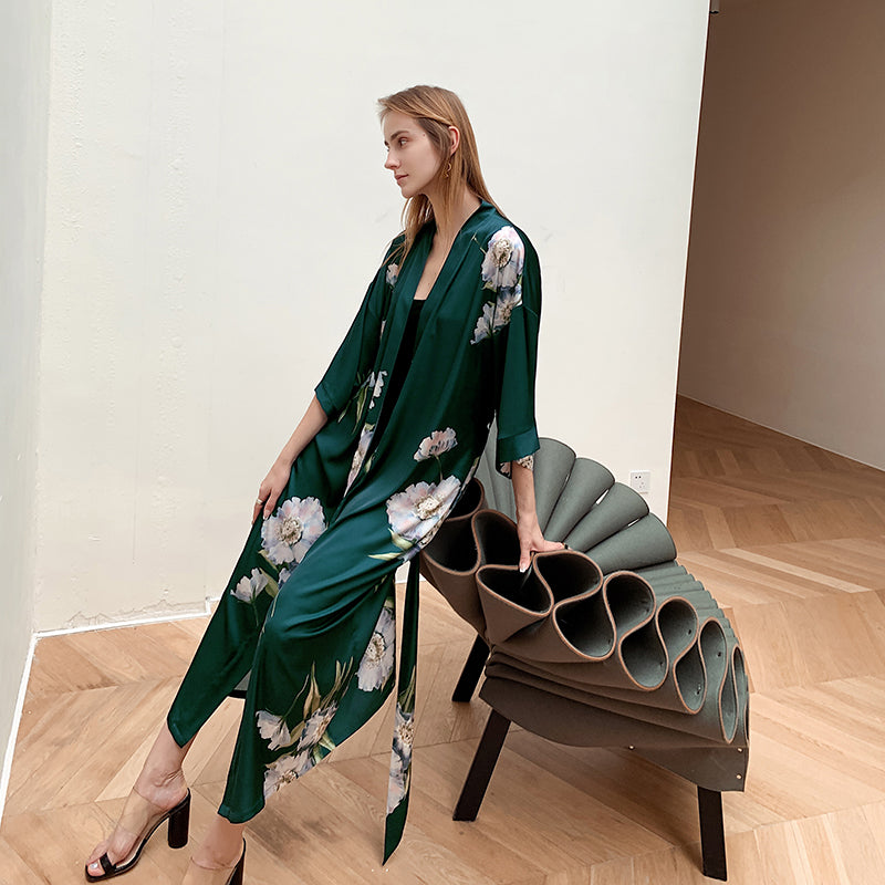 Green Women's Light Luxury Silky Satin Kimono Robe