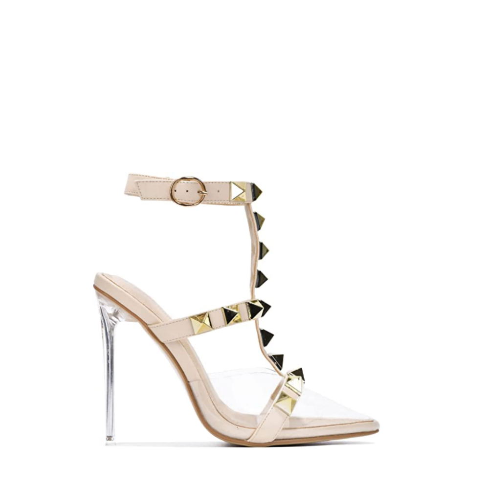 Beige Pointed Toe Sandals With Gold Studs