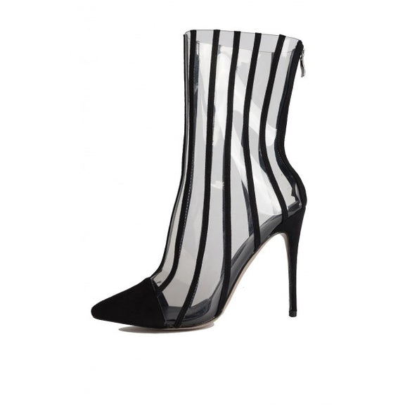 Black Clear Stripes Pointy Toe Stiletto Heel Ankle Booties
