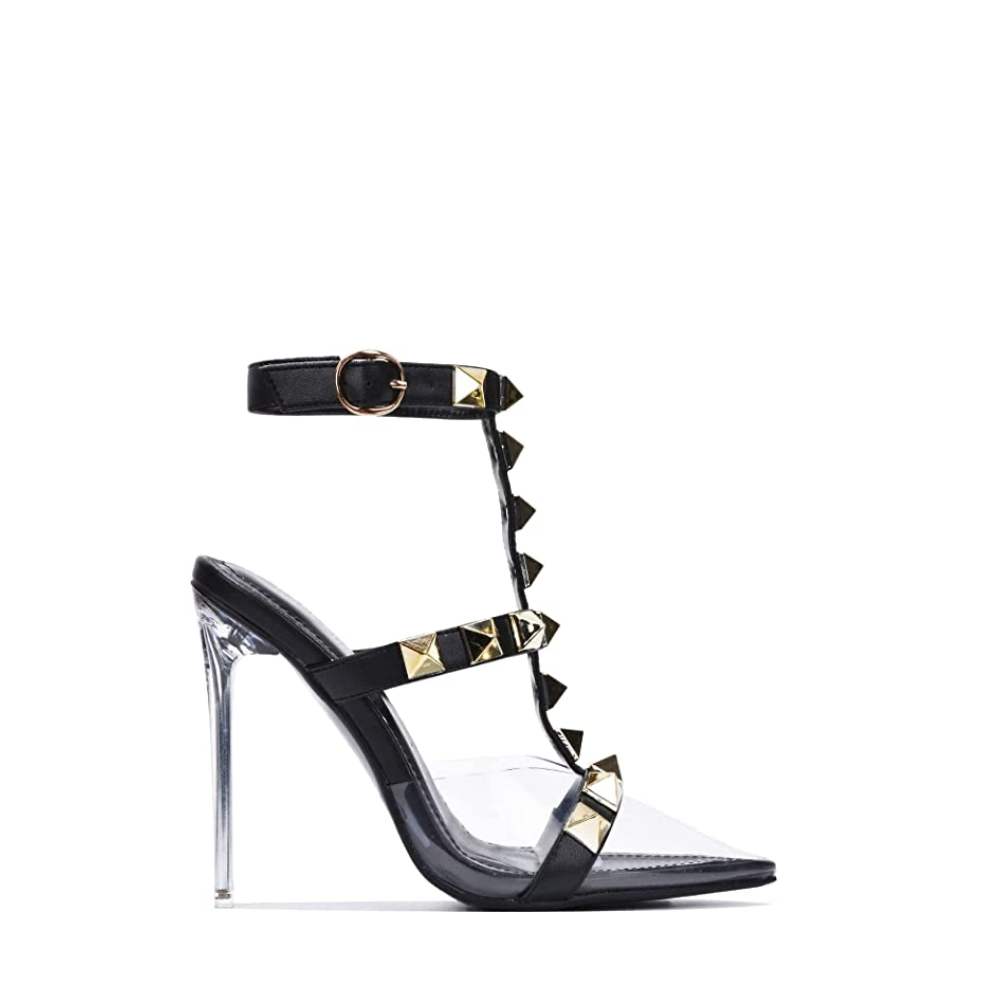 Black Pointed Toe Sandals With Gold Studs