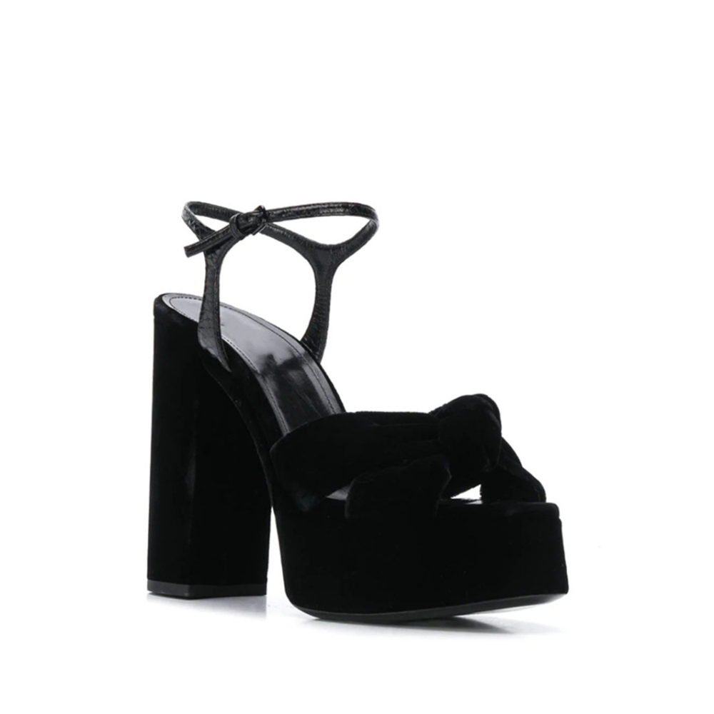 Black Velour High Heel Platform Sandals With a Bow knot With Leather Ankle Strap