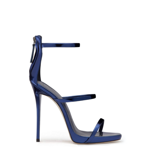 Blue Metallic Triple Strap Stiletto Heel Sandals