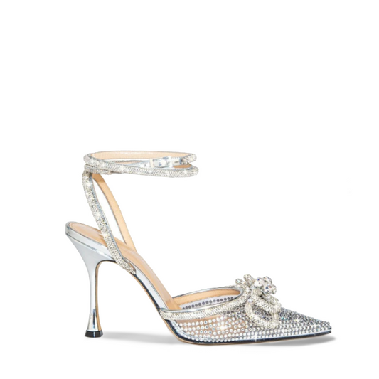 Crystal-embellished Heeled Sandals In Silver With Double Bows