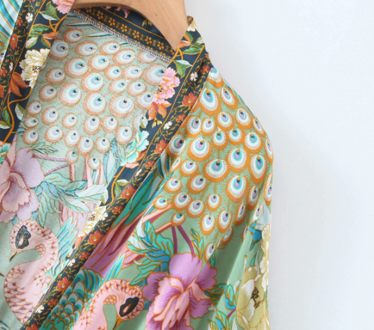Women's Green Floral Print Kimono With Brown Lapel