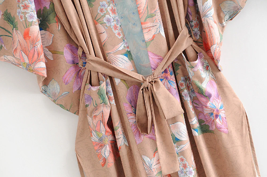 Blush Boho Floral Print Kimono Robe with Tie Waist