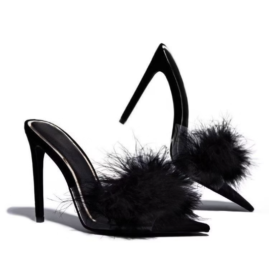 Black Feather High Heeled Stiletto Sandals