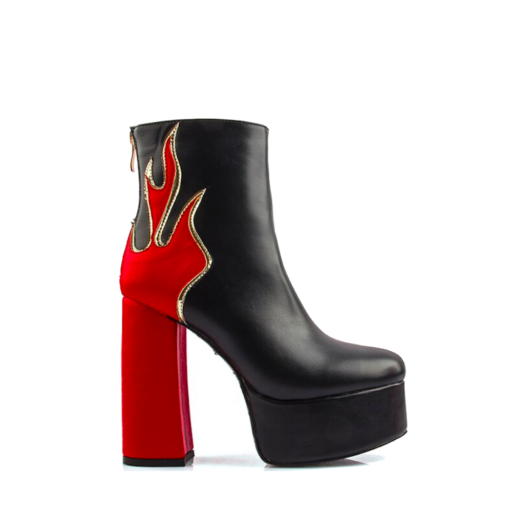 Red Flames Black Platform Retro Style Ankle Boots