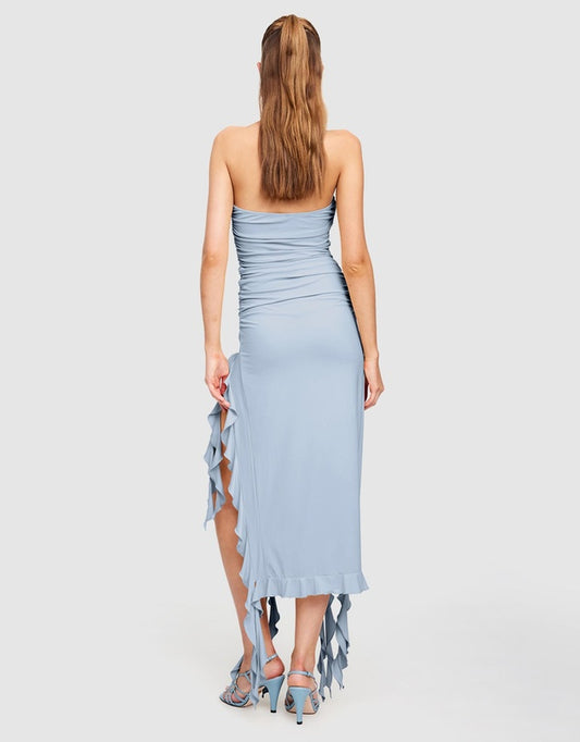 Light Blue Rushed Strapless Midi Dress