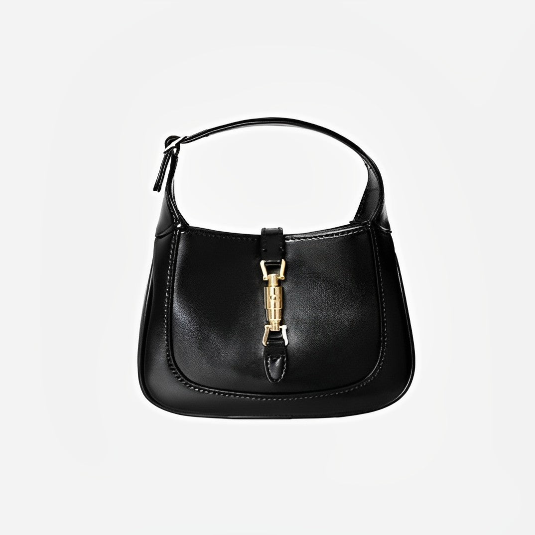 Black Classic Curved Leather Handbag with Signature Buckle Closure