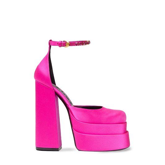 Pink Satin Double Platform Ankle Strap Sandals