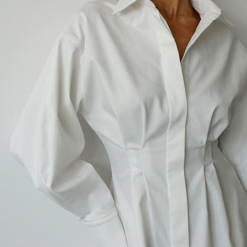 White Pleated Waist Mini Shirt Dress