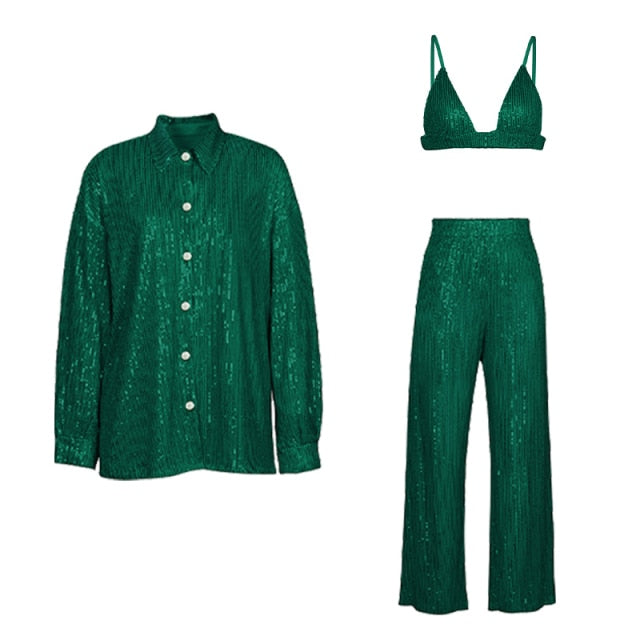 Green Sequin Three Piece Set
