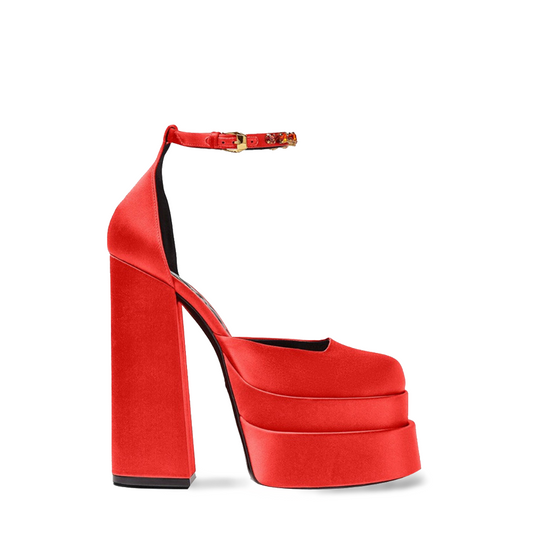 Red Satin Double Platform Ankle Strap Sandals