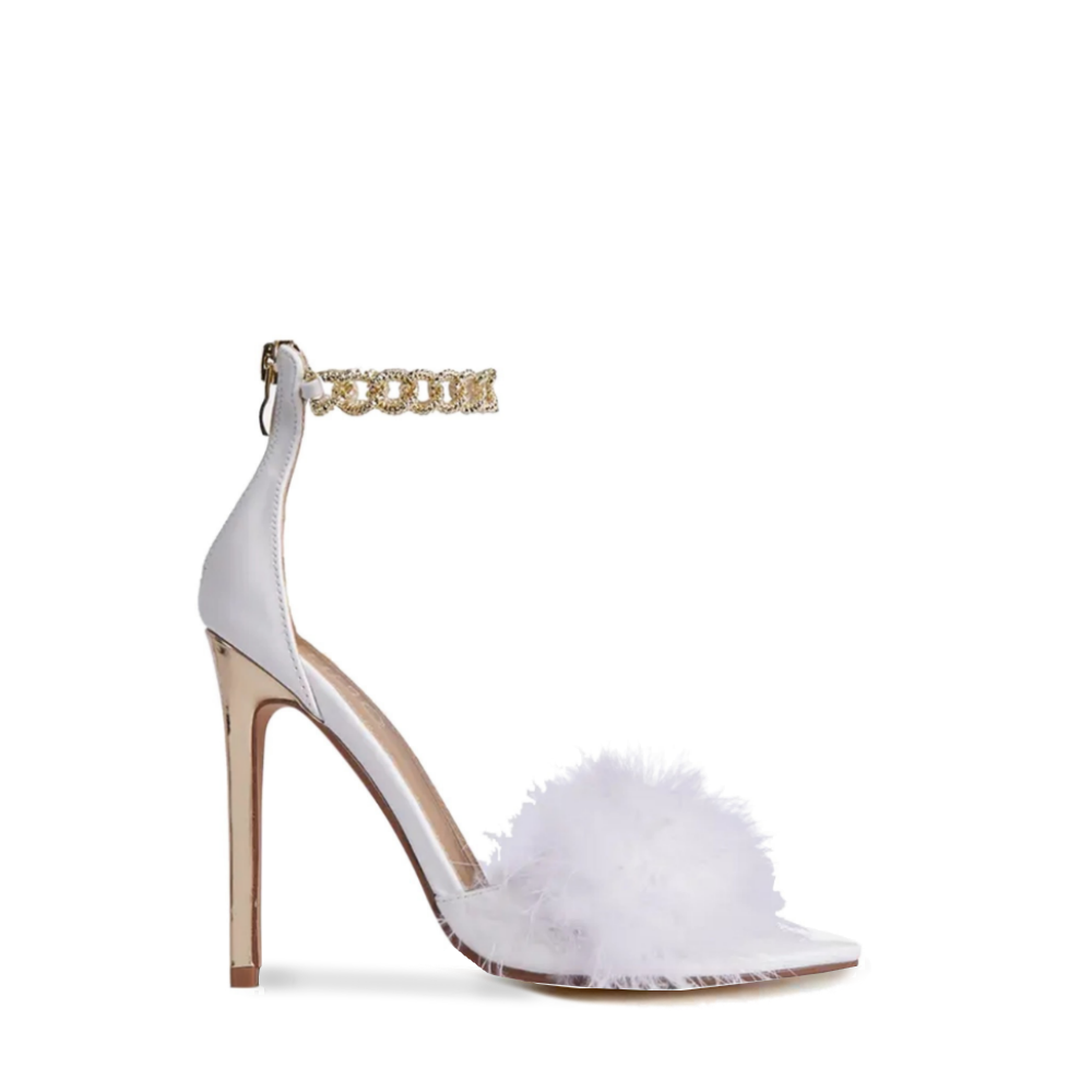 White Feather Pointed-Toe Sandals With A Gold Ankle Strap